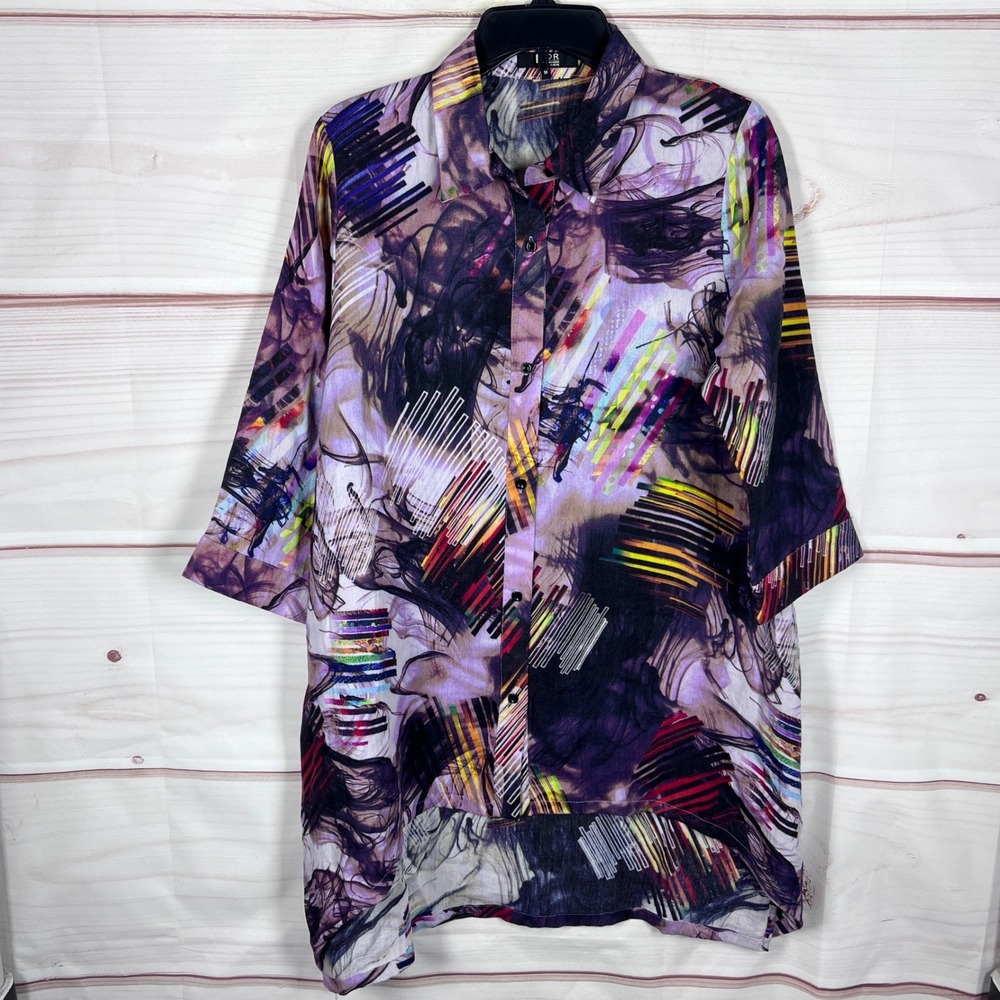 Lior Paris Blouse Womens Medium Purple Abstract Button Up Shirt Artsy Tunic